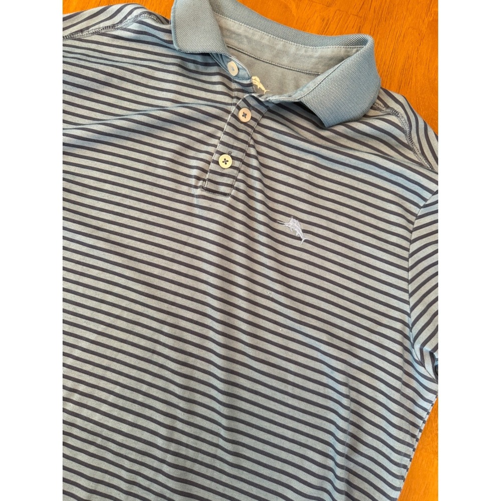 Tommy Bahama Mens Blue Striped Supima Cotton Polo Shirt Medium Short Sleeve